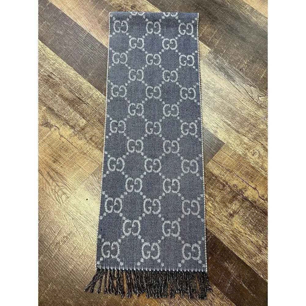 GUCCI Jacquard GG Pattern Reversible Wool Scarf In Blue & Brown Made In Italy
